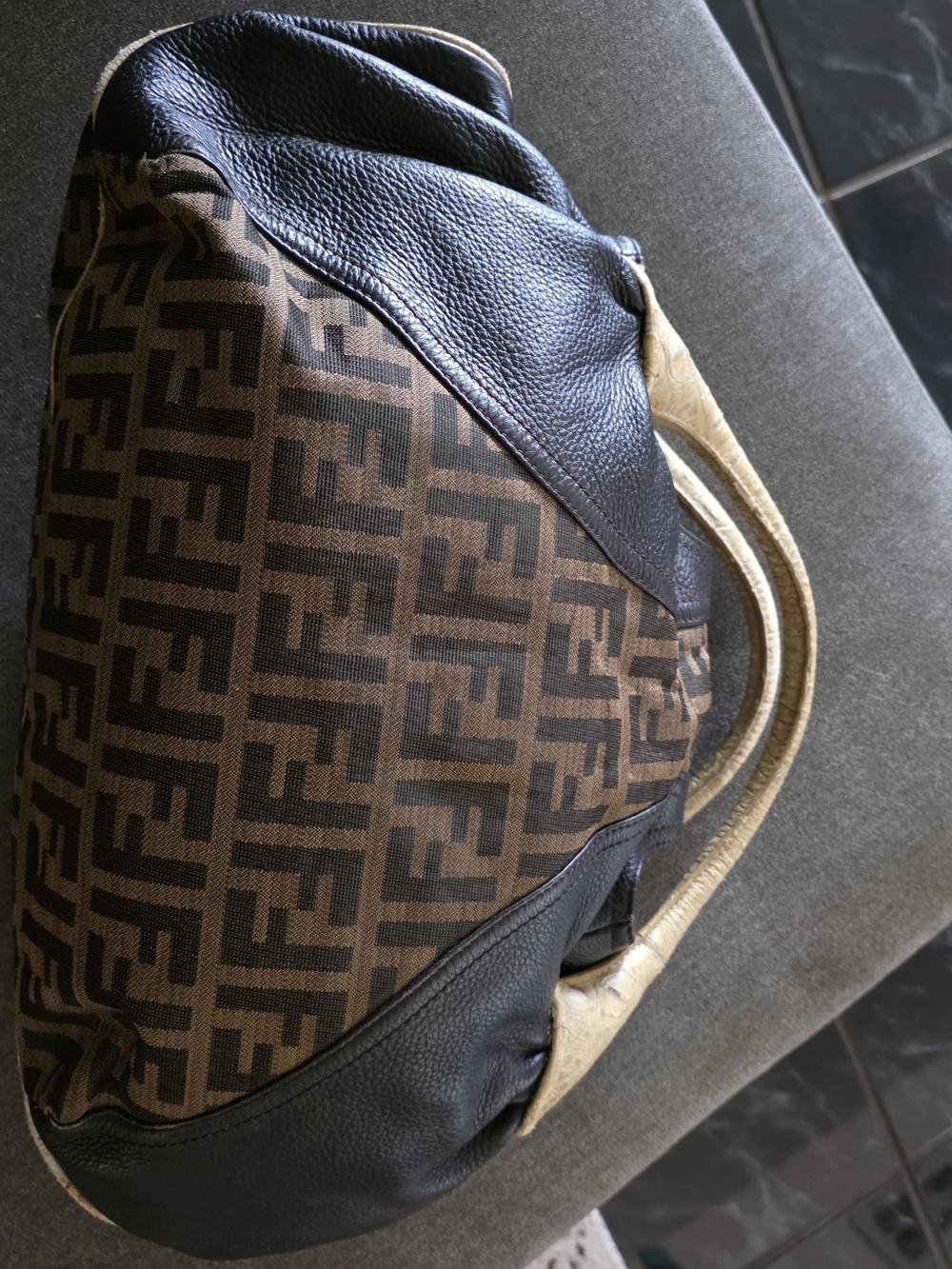 Fendi Brown & Black FF Tortuga Trim Canvas Duffel with Cream Handles